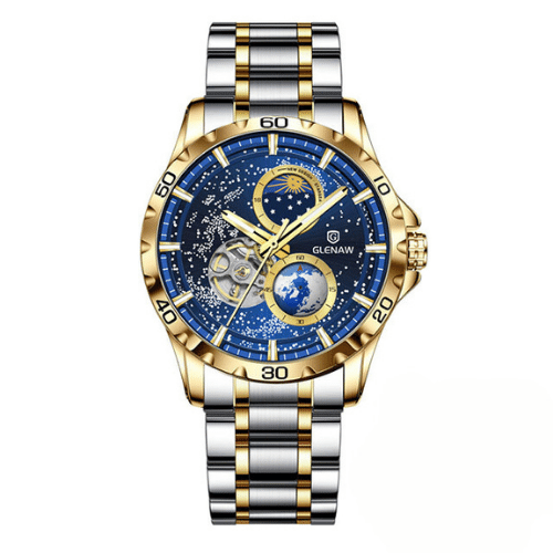 Rotating Earth Wristwatch with Double Automatic Mechanical Second Hand, Starry Sky