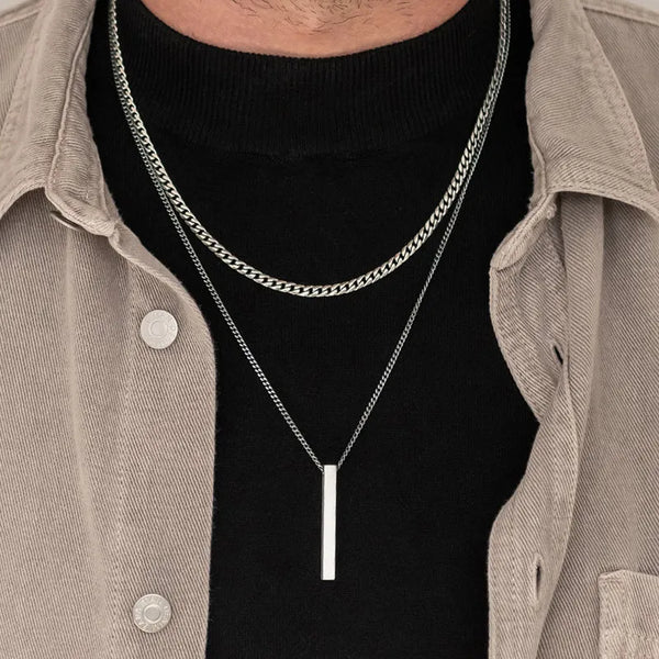 Vnox Men's Geometric Necklace Set: 3D Bar Pendant on Stainless Steel Chains